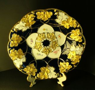 Antique Meissen Porcelain Cobalt Blue Raised Gold Encrusted Charger Bowl 11 