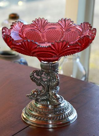 Mid - 19th C.  Cut Glass Cranberry Cased Compote On Silver Base,  Dolphins [11098]