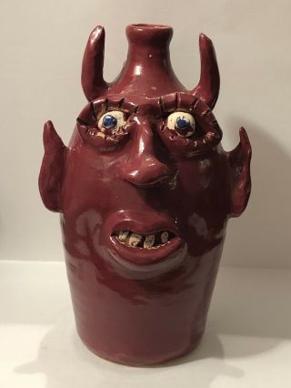 12” Red Stoneware Devil Face Jug By Jerry Brown Hamilton,  Al 1996
