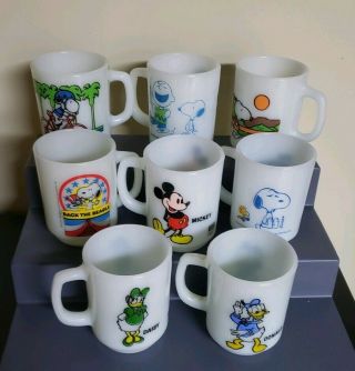 8 Vintage Fire King Anchor Hocking Snoopy,  Mickey Mouse,  Donald Duck,  Daisy Mugs