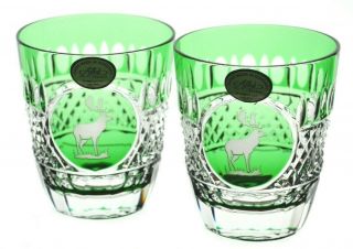 Ajka Emerald Green Moose Stag Cut To Clear Cased Crystal Whiskey Glasses Rarenew