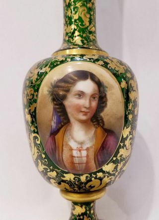 Ext Fine Antique 19th C.  Moser Emerald Green Gilded Glass Portrait Vase