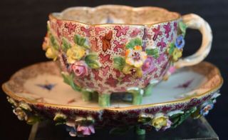 Rare Antique Meissen Porcelain Demitasse Cup And Saucer With Raised Flowers