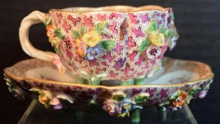 Rare Antique Meissen Porcelain Demitasse Cup and Saucer with Raised Flowers 2