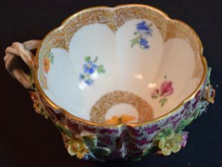 Rare Antique Meissen Porcelain Demitasse Cup and Saucer with Raised Flowers 4