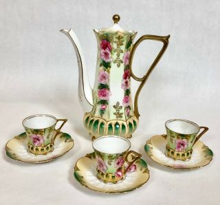Antique Signed Rs Prussia Chocolate Pot Demitasse Cup & Saucers