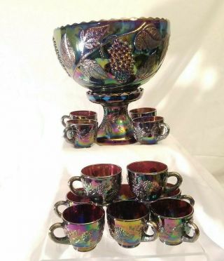Vintage Le Smith Purple Carnival Punch Bowl 12 Cups & Ladle Set Grape Heavy
