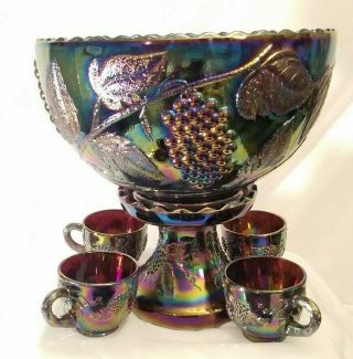 Vintage LE Smith Purple Carnival Punch Bowl 12 Cups & Ladle Set Grape Heavy 2