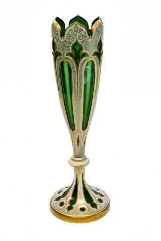 Bohemian Moser Green Cut Glass Footed Vase,  Gilt Swirls.  Circa 1900