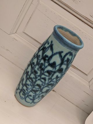 Mid Century Modern Signed J.  T.  Abernathy Blue Glaze Pottery Ceramic Vase