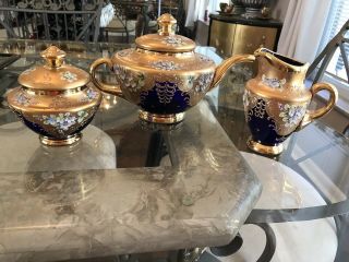 Vtg.  Venetian Murano Cobalt Blue Glass Teapot,  Sugar,  Creamer W/ Gold & Flower
