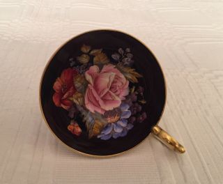 Vintage Aynsley Tea Cup Large Pink Cabbage Rose And Poppy On Black