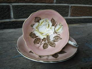 Paragon Bone China Pink Cup And Saucer With A Large White Cabbage Rose