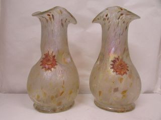 Pair Antique Loetz Glass Vases 1900s Iridescent Bohemian Nouveau