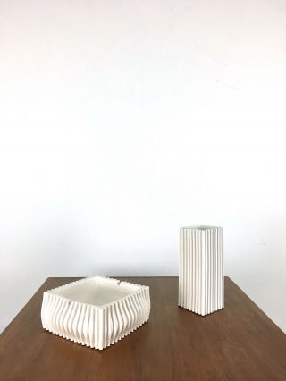 Mid Century Alvino Bagni Raymor White Wave Bowl Vase Set Italian Pottery Bitossi 2