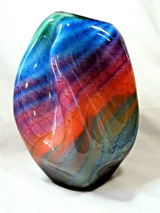 Bruce Freund Hand Crafted Art Glass Form Rainbow Vase Signed (freund 93)