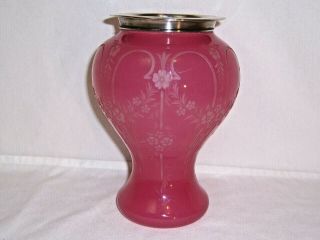 Steuben Antique Etched Rosaline Alabaster Glass Vase Hawkes Sterling Silver Top