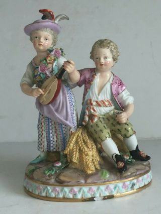 Antique Meissen Porcelain Figurine GIRL WITH MANDOLIN SEATED BOY Kaendler 11