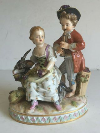 Antique Meissen Porcelain Figurine Girl On Goat Boy Playing Music Kaendler
