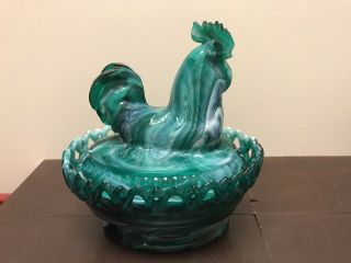 Green Slag Glass Rooster Covered Dish By Imperial Glass