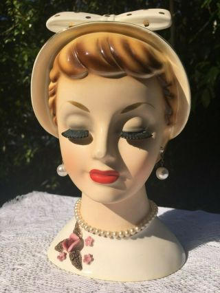 Rare 7 1/2 " Relco Vintage Lady Head Vase W Gold Poka Dots In Ex Con