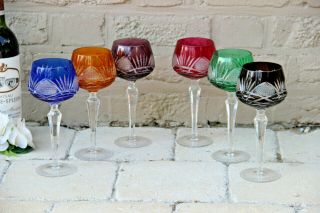 Serie Of 6 Crystal Val Saint Lambert Coloured Glass Wine Champagne Roemers