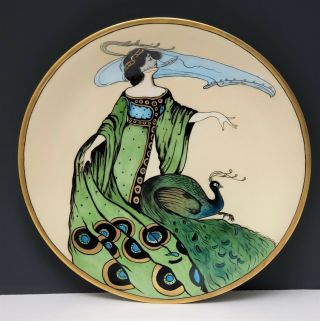 Antique Art Nouveau Limoges Porcelain Portrait Charger Plaque Woman W Peacock