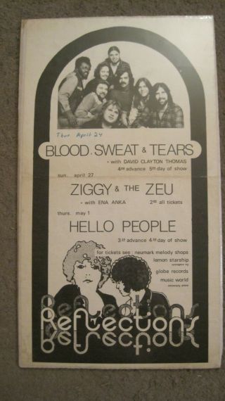 Blood Swear & Tears Ziggy & The Zeu 1975 Concert Poster Reflections Cincinnati