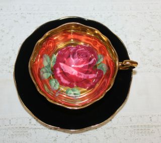 Vintage Paragon Teacup & Saucer Black & Gold Huge Floating Pink Rose Inside