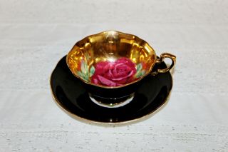 Vintage Paragon Teacup & Saucer Black & Gold Huge Floating Pink Rose Inside 2