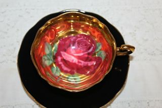 Vintage Paragon Teacup & Saucer Black & Gold Huge Floating Pink Rose Inside 3