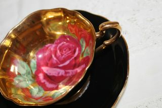 Vintage Paragon Teacup & Saucer Black & Gold Huge Floating Pink Rose Inside 4