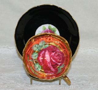 Vintage Paragon Teacup & Saucer Black & Gold Huge Floating Pink Rose Inside 5