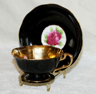 Vintage Paragon Teacup & Saucer Black & Gold Huge Floating Pink Rose Inside 6
