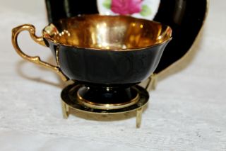 Vintage Paragon Teacup & Saucer Black & Gold Huge Floating Pink Rose Inside 7