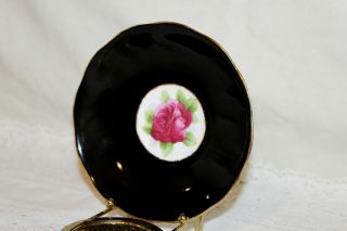 Vintage Paragon Teacup & Saucer Black & Gold Huge Floating Pink Rose Inside 8