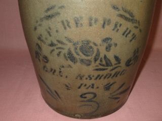 Antique 19th C Stoneware Rose Striper Decorated Reppert Pennsylvania 3 gal Crock 8