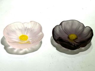 Two Daum Pate De Verre Glass - Cactus Flowers - Small Dish - Pink & Amethyst