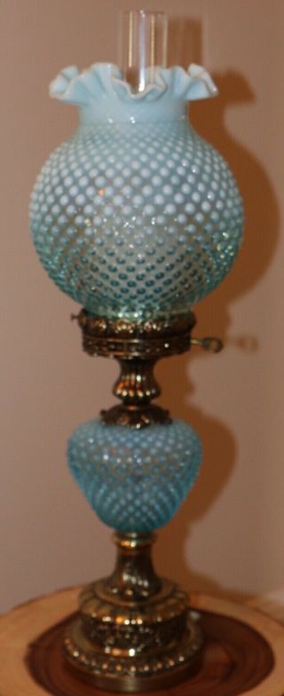 Fenton Blue Opalescent Hobnail Parlor Lamp - Very Unique Find