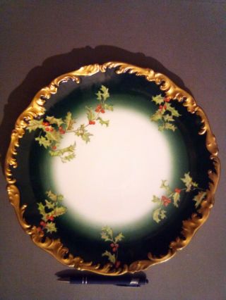 Antique T&v Limoges Porcelain 12 5/8 " Plate Xmas Holly & Berries W Gilt Trim