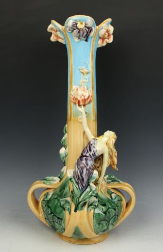 Antique Austrian Majolica Art Nouveau Vase With Woman Worldwide