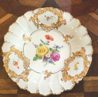 Meissen Charger/ Centerpiece Shallow Bowl Hand - Painted Gold Medallions & Flowers