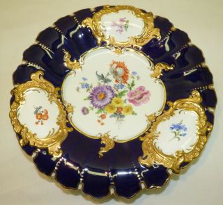 Large Meissen Germany Painted Floral Charger Cabinet Plate Cobalt Blue W/ Gold