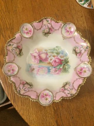 Large Antique Germany Rs Prussia Bowl With Flowers In Center & Around Rim 10.  75 "