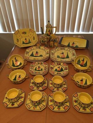 Hb Quimper France Soleil Yellow 6 Complete Place Settings And Serving Dishes