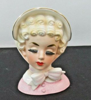 Vintage 5 3/4 " Lady Head Vase Wreath Mark Girl Bonnett Hat Pink Top Curls