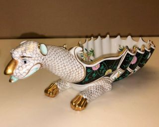 Vintage Signed Herend Fishnet Black Dynasty Hand Painted Dragon 7760 11x4x3.  75