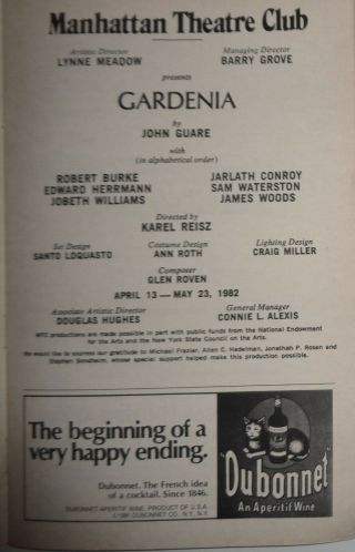 GARDENIA by John Guare - SHOWBILL - APRIL 13 - MAY 23,  1982 MANHATTAN THEATRE CLUB 2