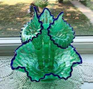 Vintage Fenton Glass Thumbprint 3 Horn Epergne Green Opalescent Blue Crest Rare