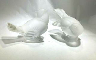 Lalique French Two Frosted Crystal Glass Sparrows Birds Figurines Signed